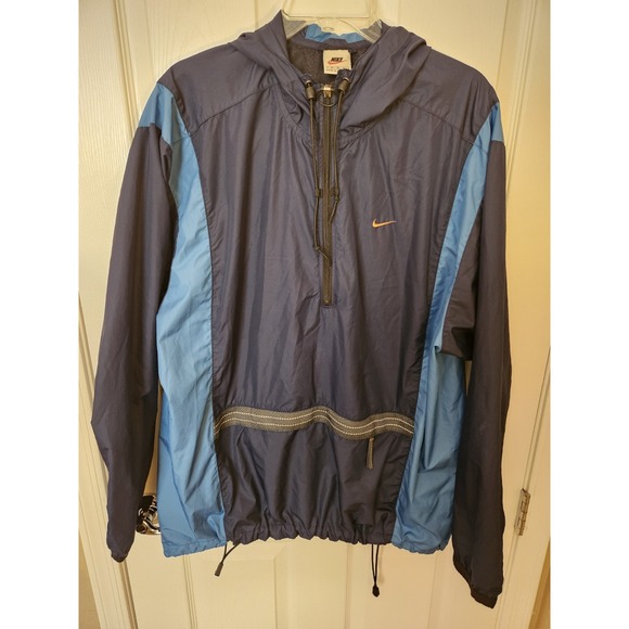 Nike Other - Nike Men's Blue Windbreaker Hoodie Jacket #56323 1/4 Zip Orange Logo, Size XL